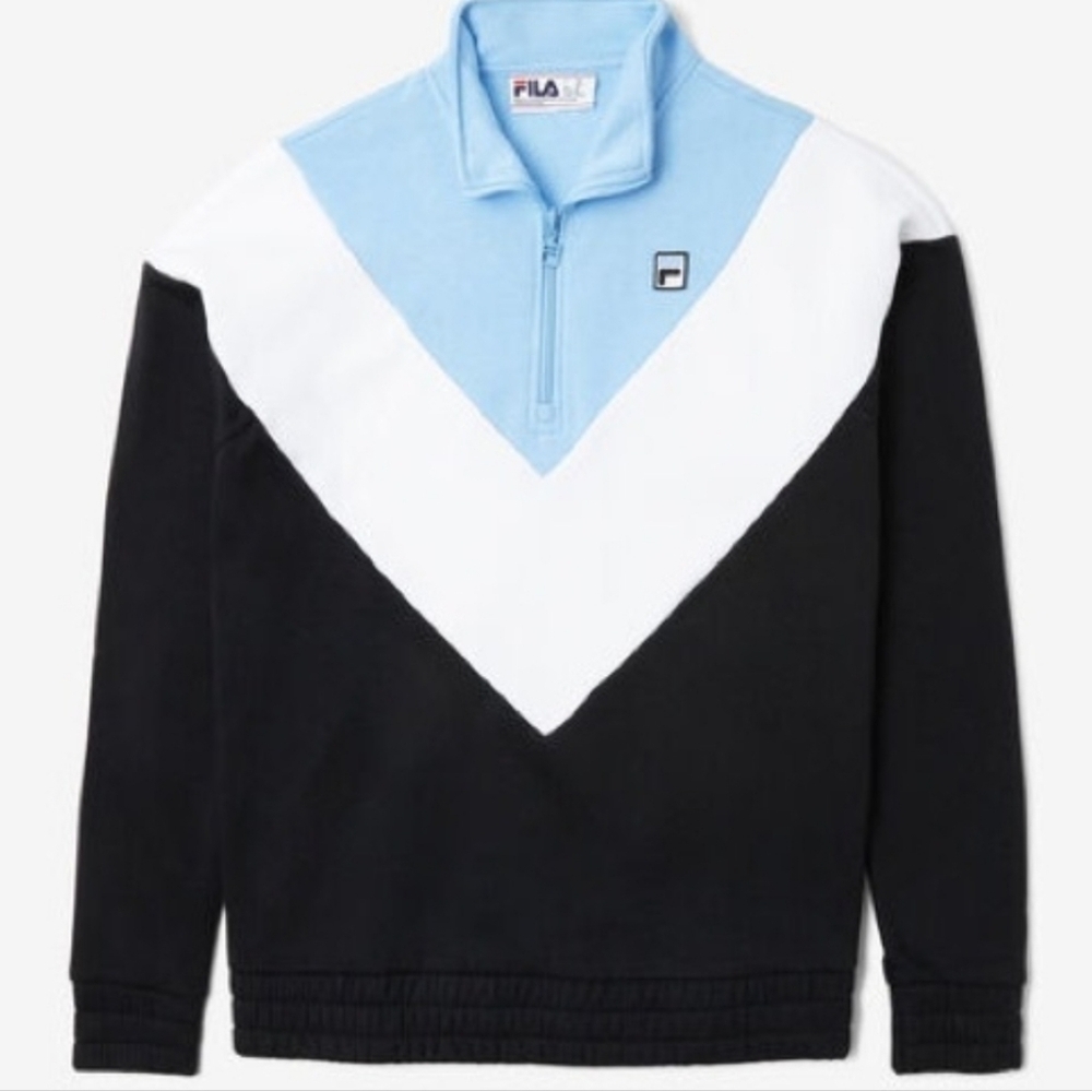 Fila Sport Blue Black & White Chevron 1/4 Zip Sweatshirt Sweater Wmn's M Comfy - Picture 2 of 9